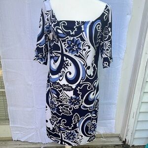 Olivia Mattheus Blue and White Sheath Dress with Square Neck